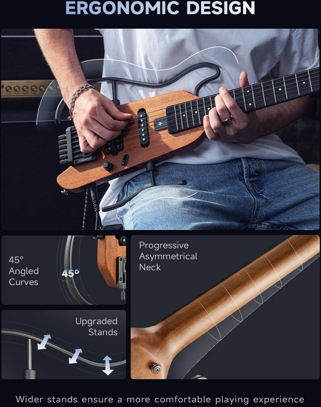 Donner HUSH-X Electric Guitar Kit - Featherlight Headless Guitar, Great for Travel and Practice, Mahogany Solid Body with Easy Assemble Stands, Gig Bag, All Accessories, Natural