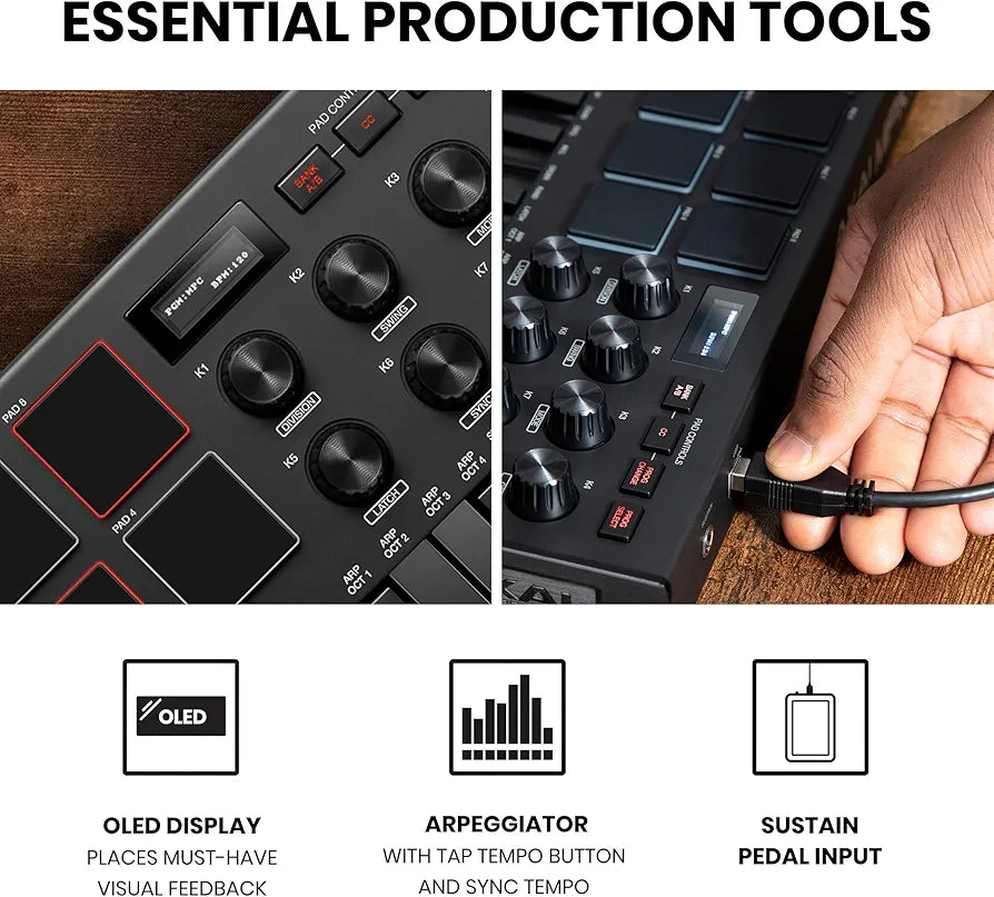Akai Professional MPK Mini MK3 - 25 Key USB MIDI Keyboard Controller With 8 Backlit Drum Pads, 8 Knobs, Music Production Software and Native Instruments Sound Package , Black