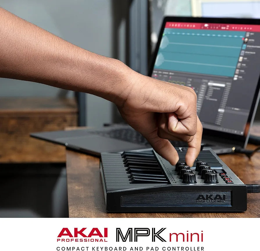 Akai Professional MPK Mini MK3 - 25 Key USB MIDI Keyboard Controller With 8 Backlit Drum Pads, 8 Knobs, Music Production Software and Native Instruments Sound Package , Grey