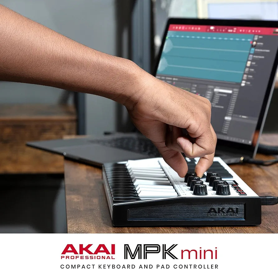 Akai Professional MPK Mini MK3 - 25 Key USB MIDI Keyboard Controller With 8 Backlit Drum Pads, 8 Knobs, Music Production Software and Native Instruments Sound Package , White