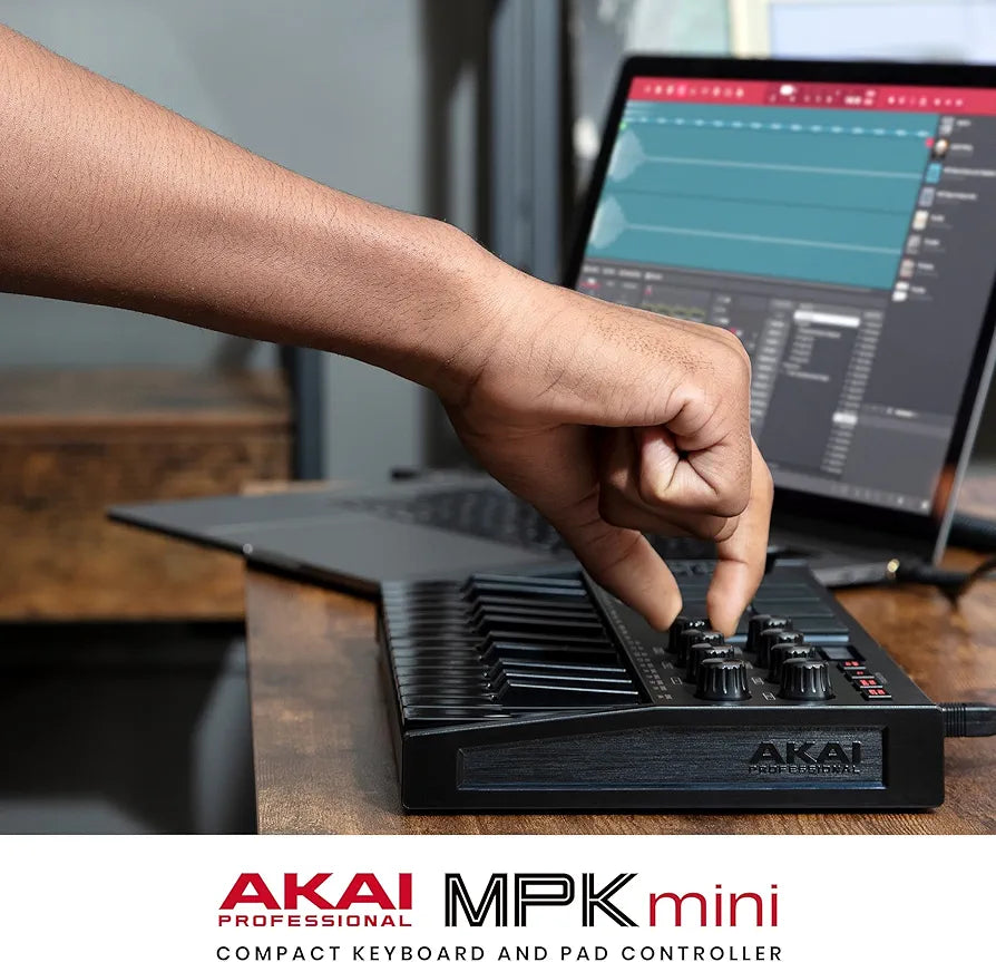 Akai Professional MPK Mini MK3 - 25 Key USB MIDI Keyboard Controller With 8 Backlit Drum Pads, 8 Knobs, Music Production Software and Native Instruments Sound Package , Black