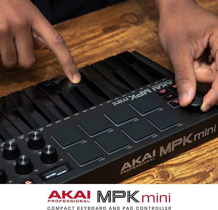 Akai Professional MPK Mini MK3 - 25 Key USB MIDI Keyboard Controller With 8 Backlit Drum Pads, 8 Knobs, Music Production Software and Native Instruments Sound Package , Black