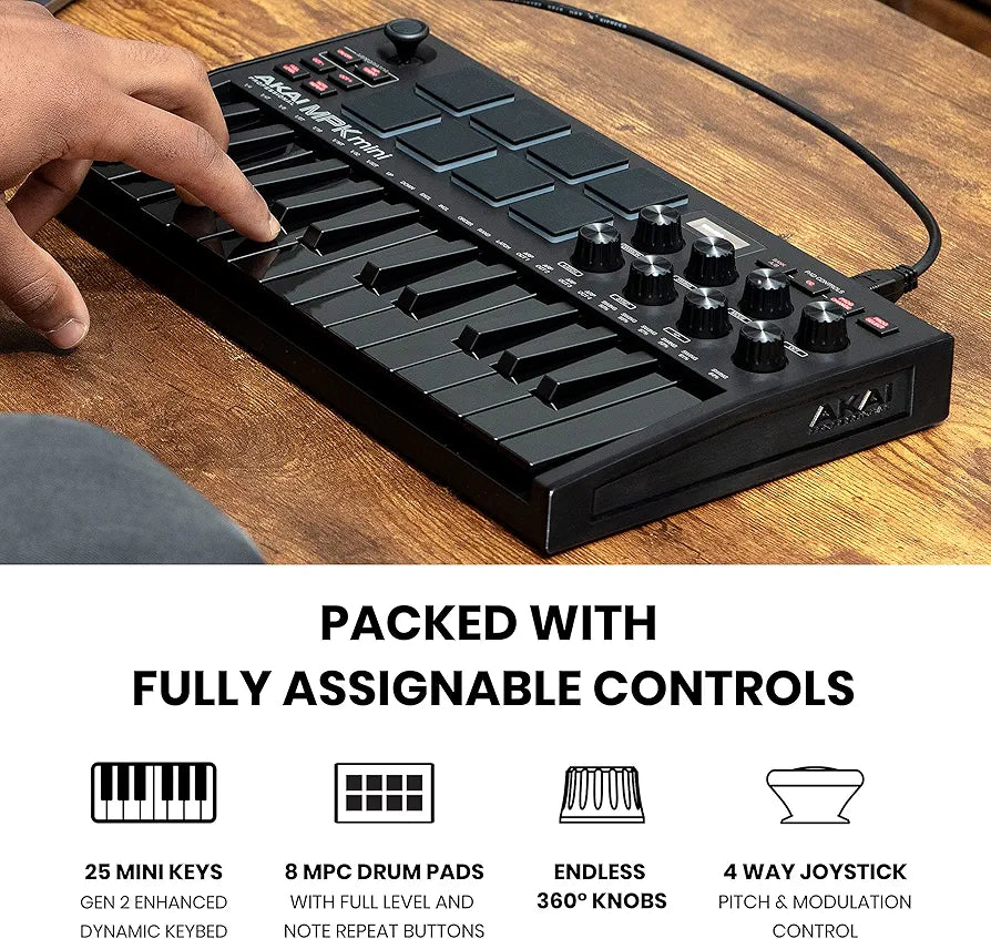 Akai Professional MPK Mini MK3 - 25 Key USB MIDI Keyboard Controller With 8 Backlit Drum Pads, 8 Knobs, Music Production Software and Native Instruments Sound Package , Black
