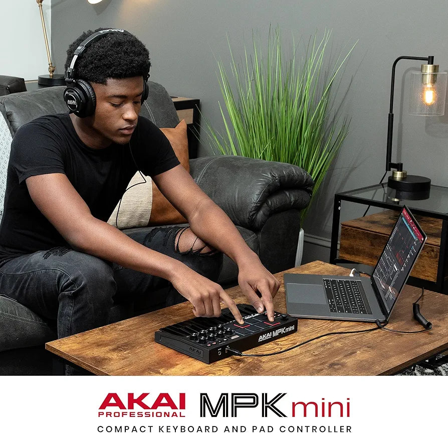Akai Professional MPK Mini MK3 - 25 Key USB MIDI Keyboard Controller With 8 Backlit Drum Pads, 8 Knobs, Music Production Software and Native Instruments Sound Package , Black