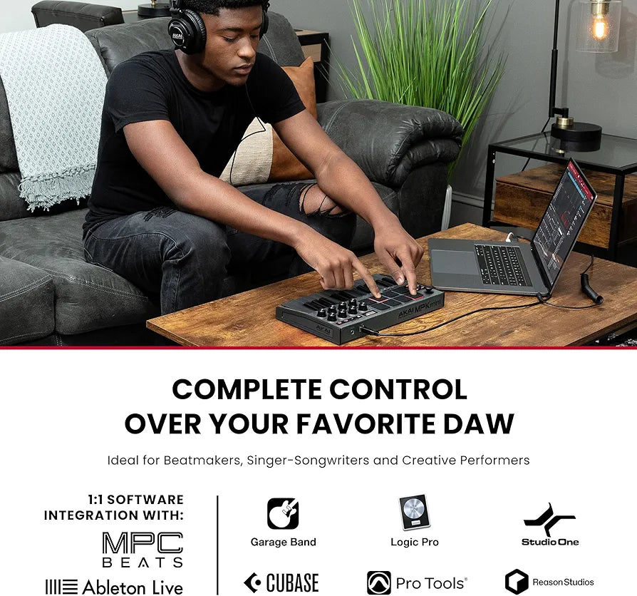 Akai Professional MPK Mini MK3 - 25 Key USB MIDI Keyboard Controller With 8 Backlit Drum Pads, 8 Knobs, Music Production Software and Native Instruments Sound Package , Grey
