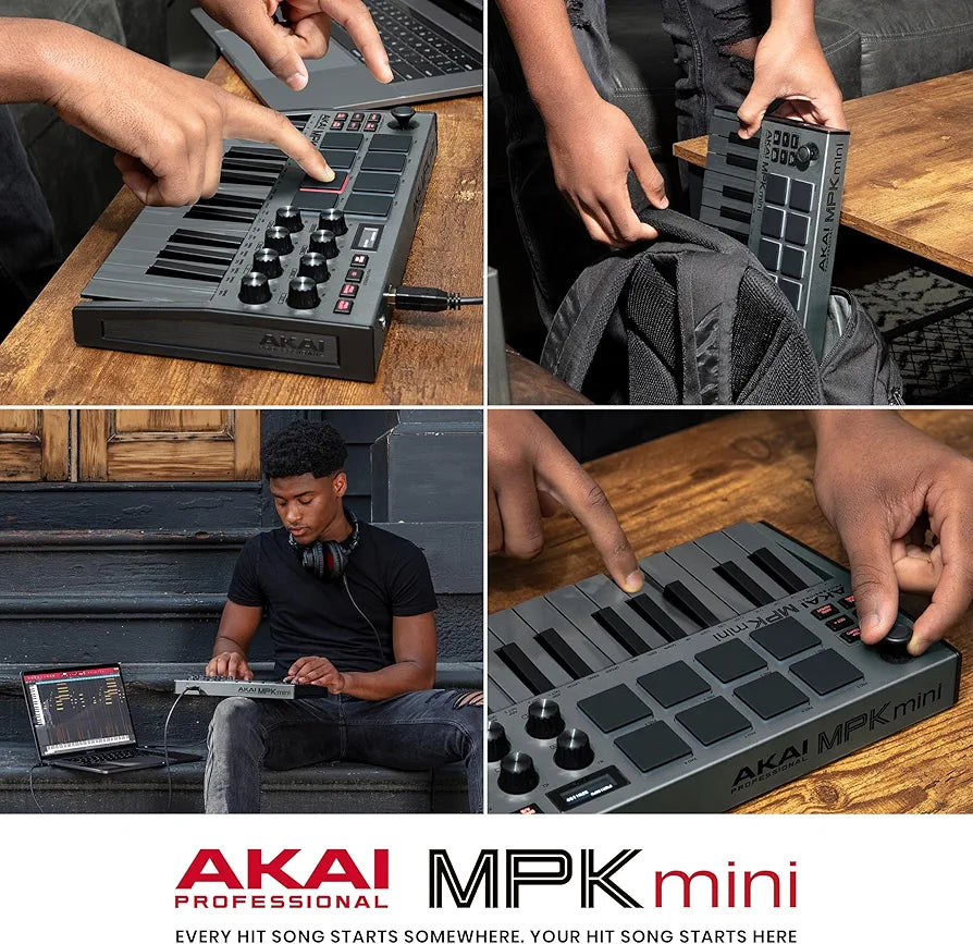 Akai Professional MPK Mini MK3 - 25 Key USB MIDI Keyboard Controller With 8 Backlit Drum Pads, 8 Knobs, Music Production Software and Native Instruments Sound Package , Grey