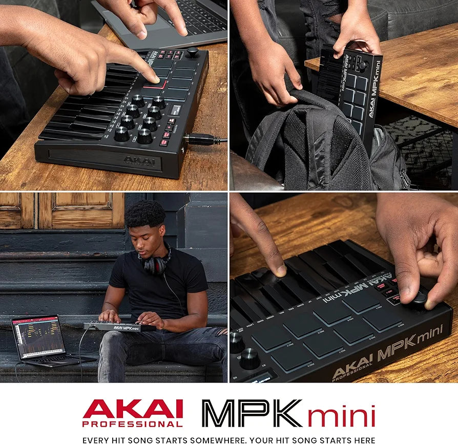 Akai Professional MPK Mini MK3 - 25 Key USB MIDI Keyboard Controller With 8 Backlit Drum Pads, 8 Knobs, Music Production Software and Native Instruments Sound Package , Black