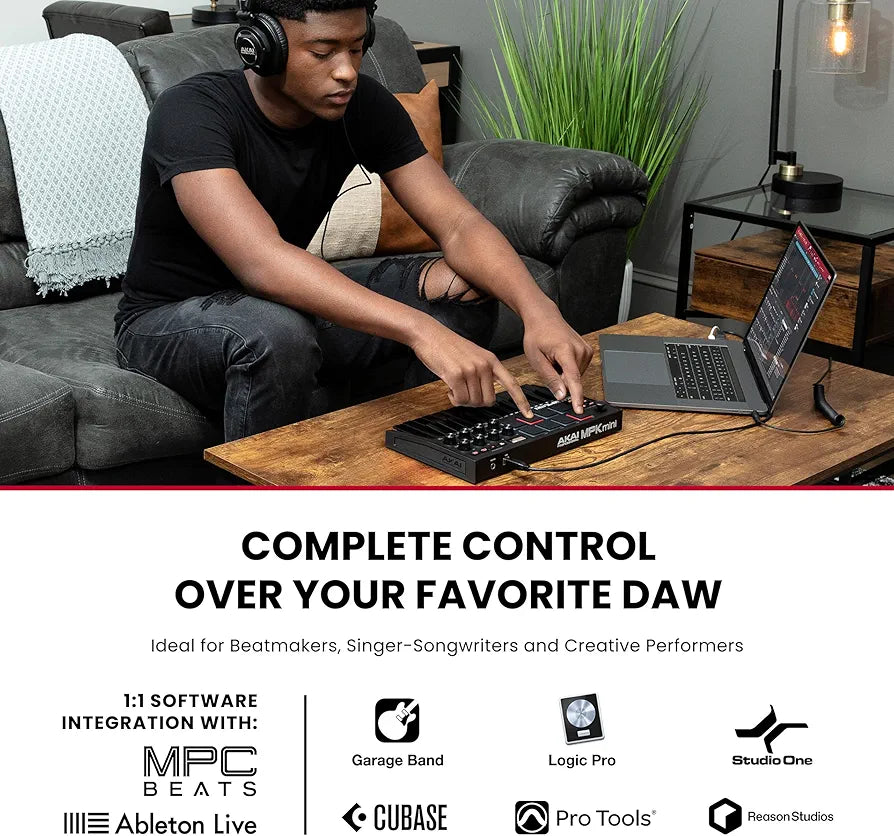 Akai Professional MPK Mini MK3 - 25 Key USB MIDI Keyboard Controller With 8 Backlit Drum Pads, 8 Knobs, Music Production Software and Native Instruments Sound Package , Black