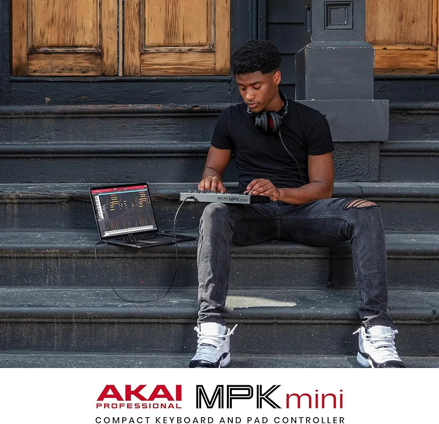 Akai Professional MPK Mini MK3 - 25 Key USB MIDI Keyboard Controller With 8 Backlit Drum Pads, 8 Knobs, Music Production Software and Native Instruments Sound Package , Grey