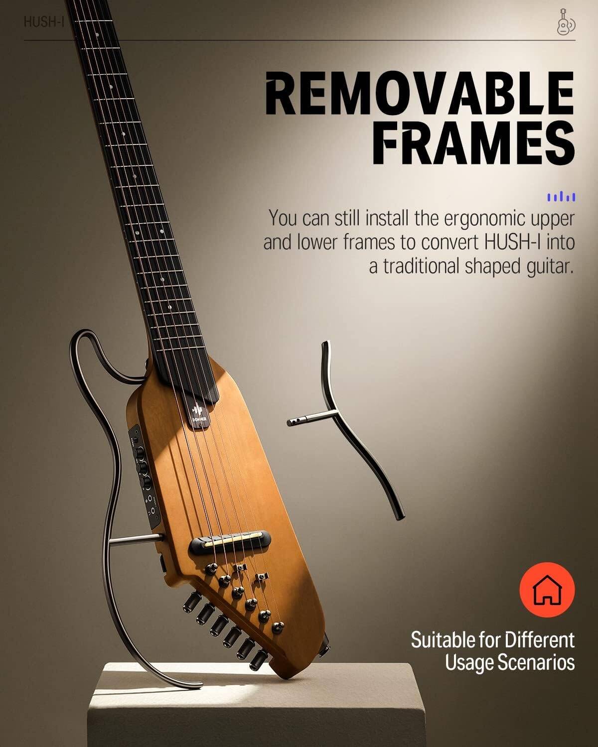 Donner HUSH-I Guitar For Travel - Portable Ultra-Light and Quiet Performance Headless Acoustic-Electric Guitar, Maple Body with Removable Frames, Gig Bag, and Accessories, Natural