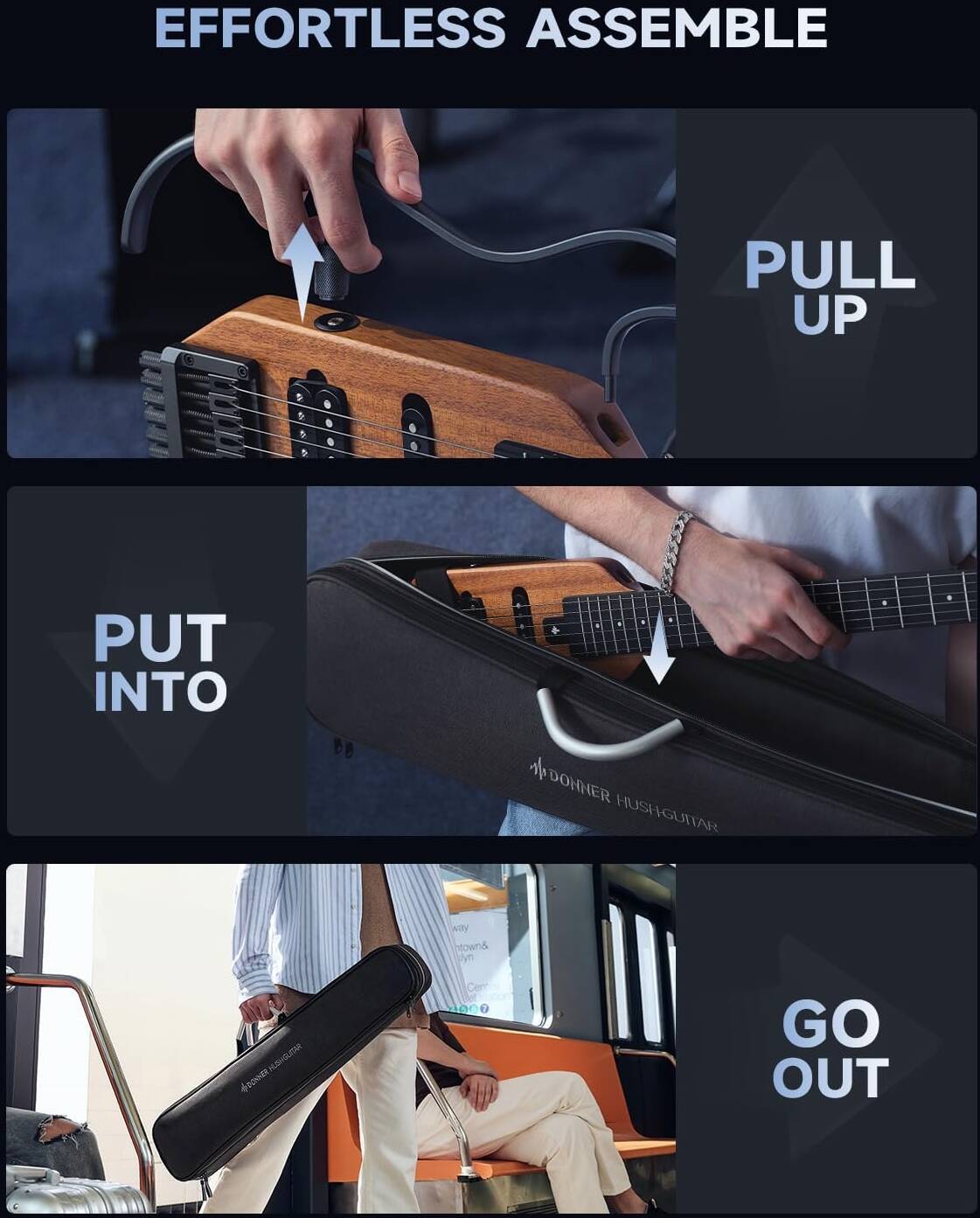 Donner HUSH-X Electric Guitar Kit - Featherlight Headless Guitar, Great for Travel and Practice, Mahogany Solid Body with Easy Assemble Stands, Gig Bag, All Accessories, Natural