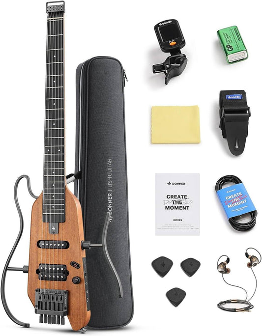Donner HUSH-X Electric Guitar Kit - Featherlight Headless Guitar, Great for Travel and Practice, Mahogany Solid Body with Easy Assemble Stands, Gig Bag, All Accessories, Natural