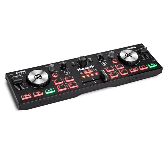 Numark DJ2GO2 Touch – Compact 2 Deck USB DJ Controller For Serato DJ with a Mixer / Crossfader, Audio Interface and Touch Capacitive Jog Wheels,Black