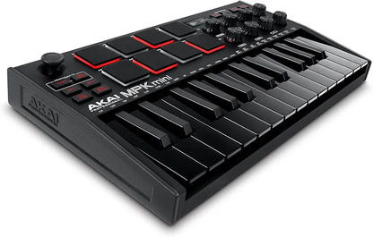 Akai Professional MPK Mini MK3 - 25 Key USB MIDI Keyboard Controller With 8 Backlit Drum Pads, 8 Knobs, Music Production Software and Native Instruments Sound Package , Black