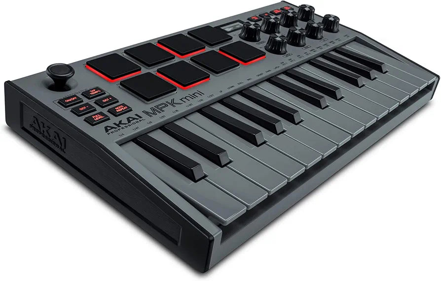 Akai Professional MPK Mini MK3 - 25 Key USB MIDI Keyboard Controller With 8 Backlit Drum Pads, 8 Knobs, Music Production Software and Native Instruments Sound Package , Grey
