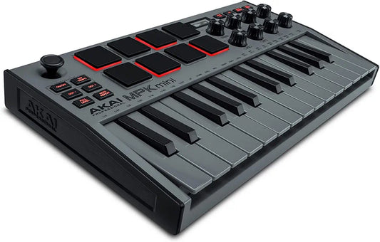 Akai Professional MPK Mini MK3 - 25 Key USB MIDI Keyboard Controller With 8 Backlit Drum Pads, 8 Knobs, Music Production Software and Native Instruments Sound Package , Grey