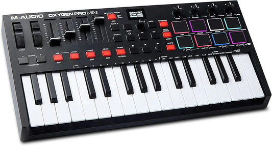 M-AUDIO Oxygen Pro Mini - 32 Key USB MIDI Keyboard Controller With Beat Pads, MIDI-assignable Knobs, Buttons and Faders, and Native Instruments Sound Package 
