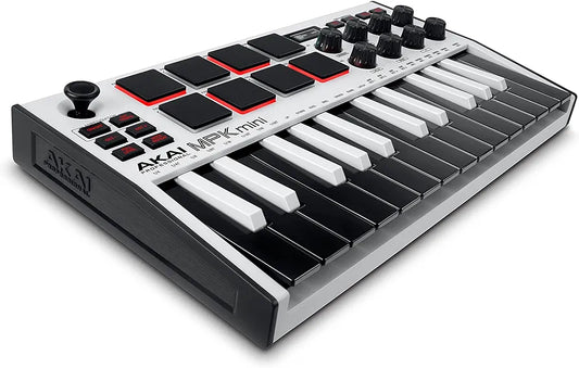 Akai Professional MPK Mini MK3 - 25 Key USB MIDI Keyboard Controller With 8 Backlit Drum Pads, 8 Knobs, Music Production Software and Native Instruments Sound Package , White
