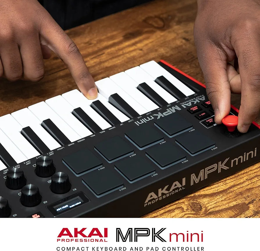 Akai Professional MPK Mini MK3 - 25 Key USB MIDI Keyboard Controller With 8 Backlit Drum Pads, 8 Knobs, Music Production Software and Native Instruments Sound Package 