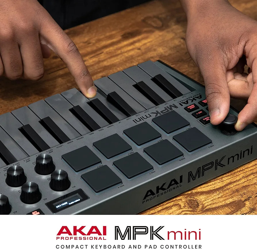 Akai Professional MPK Mini MK3 - 25 Key USB MIDI Keyboard Controller With 8 Backlit Drum Pads, 8 Knobs, Music Production Software and Native Instruments Sound Package , Grey