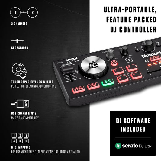 Numark DJ2GO2 Touch – Compact 2 Deck USB DJ Controller For Serato DJ with a Mixer / Crossfader, Audio Interface and Touch Capacitive Jog Wheels,Black