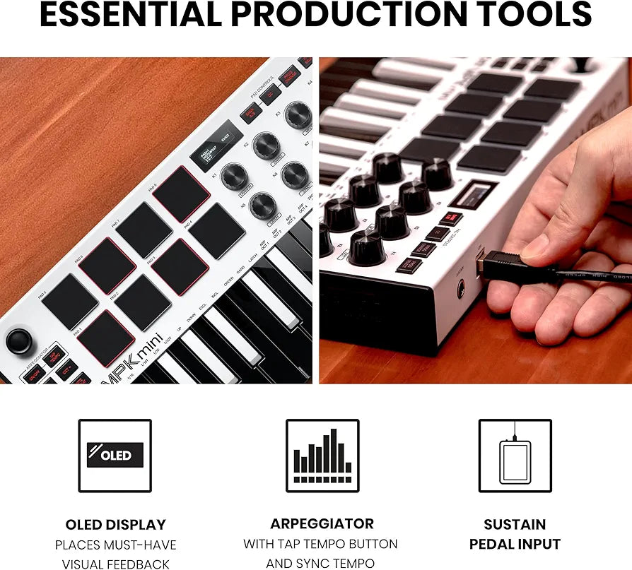 Akai Professional MPK Mini MK3 - 25 Key USB MIDI Keyboard Controller With 8 Backlit Drum Pads, 8 Knobs, Music Production Software and Native Instruments Sound Package , White