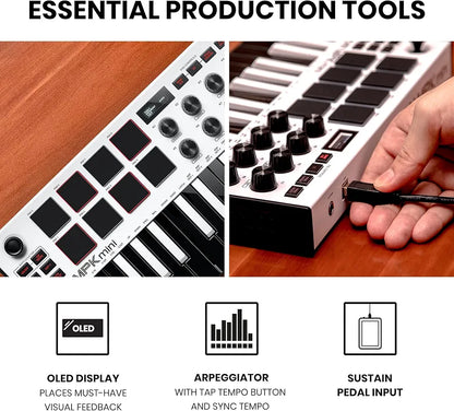 Akai Professional MPK Mini MK3 - 25 Key USB MIDI Keyboard Controller With 8 Backlit Drum Pads, 8 Knobs, Music Production Software and Native Instruments Sound Package , White