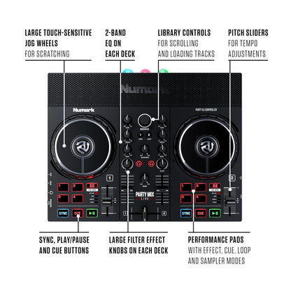 Numark Party Mix II Controller Set for Beginners with Built-in Party Lights Mixer for Serato DJ Lite