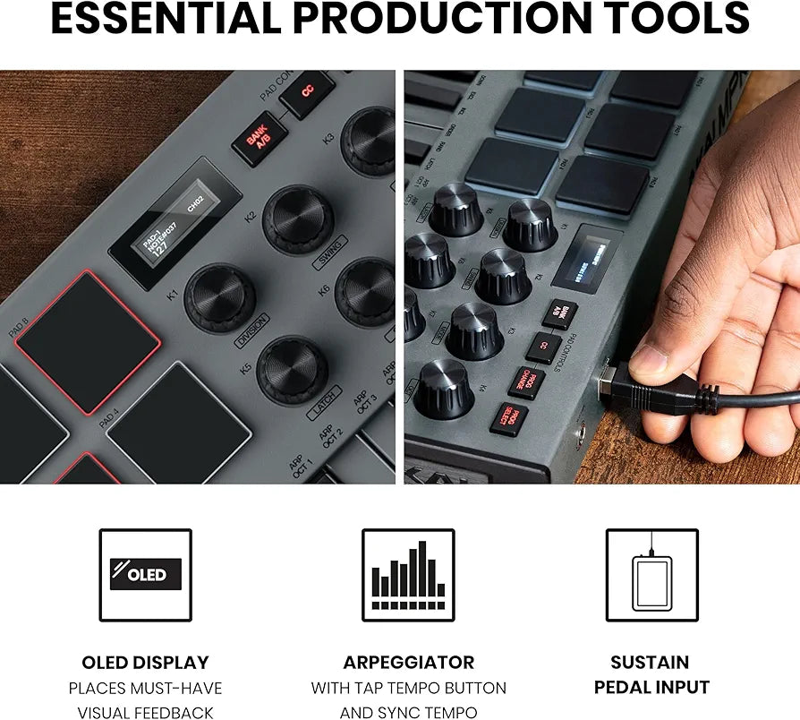 Akai Professional MPK Mini MK3 - 25 Key USB MIDI Keyboard Controller With 8 Backlit Drum Pads, 8 Knobs, Music Production Software and Native Instruments Sound Package , Grey