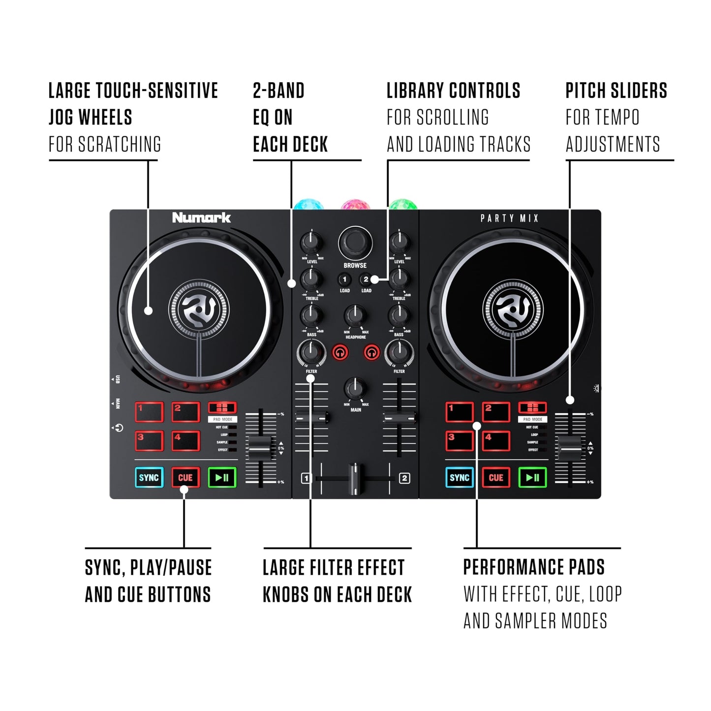 Numark Party Mix II Controller Set for Beginners with Built-in Party Lights Mixer for Serato DJ Lite