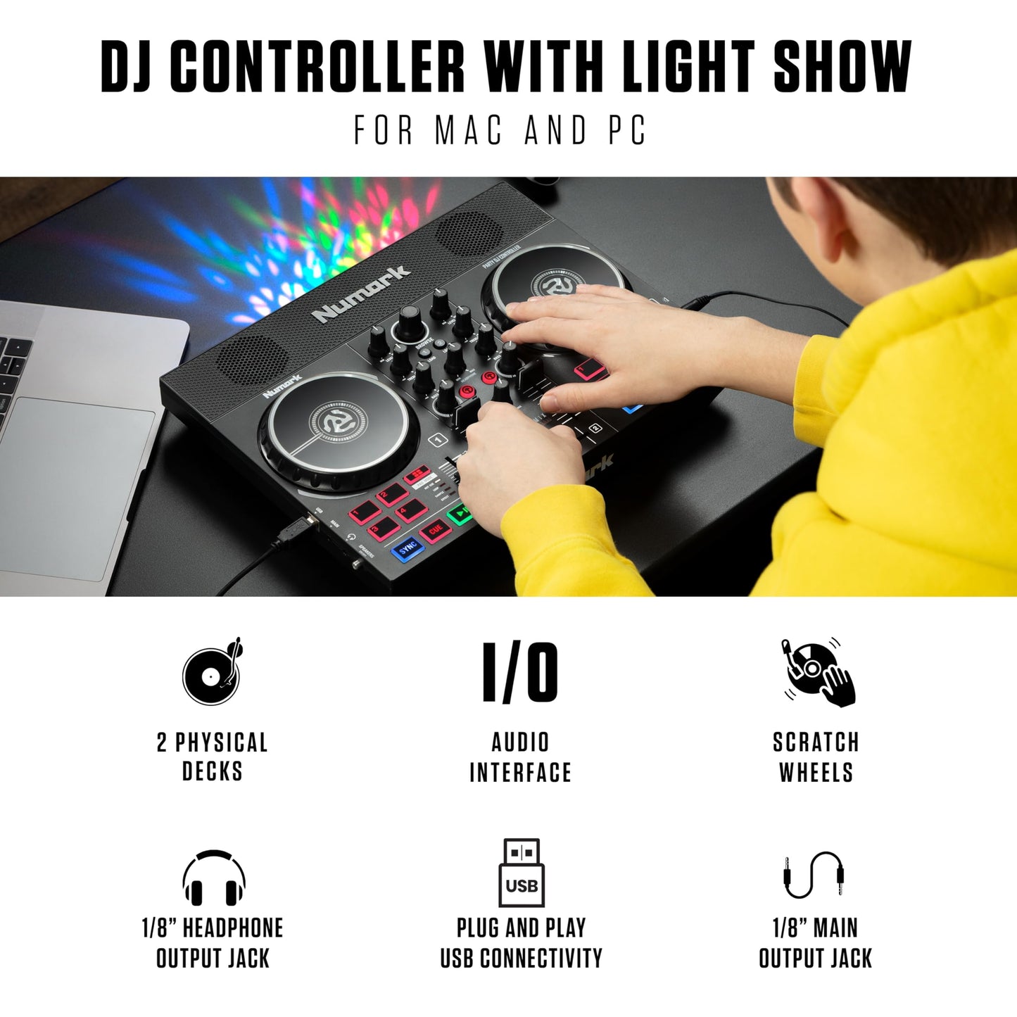 Numark Party Mix II Controller Set for Beginners with Built-in Party Lights Mixer for Serato DJ Lite
