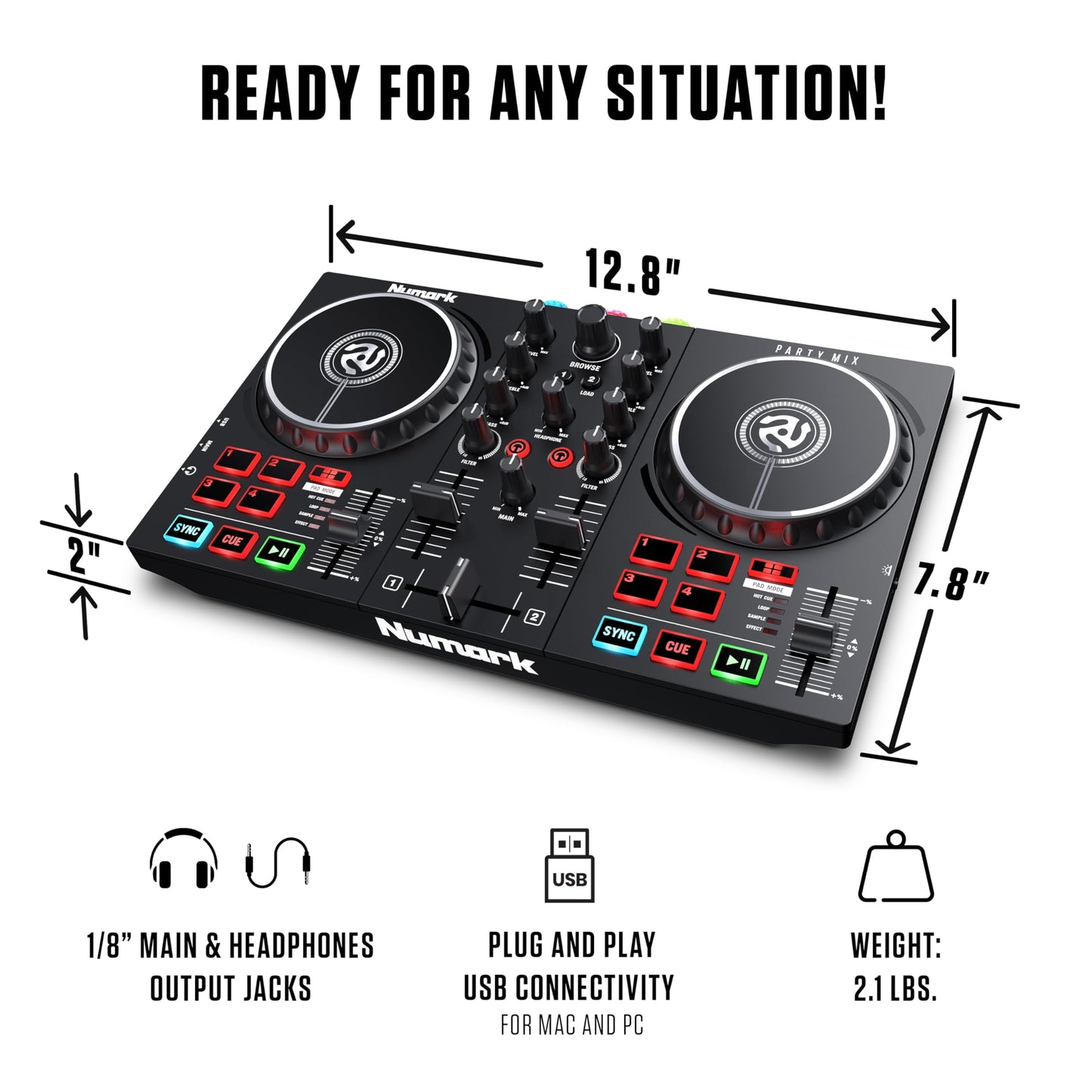 Numark Party Mix II Controller Set for Beginners with Built-in Party Lights Mixer for Serato DJ Lite