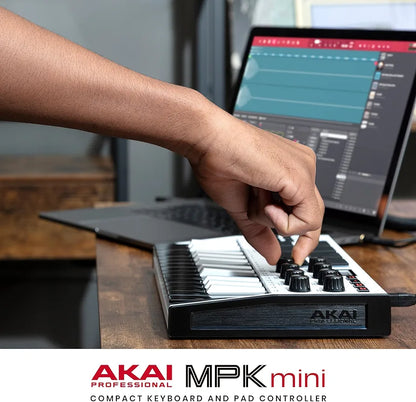 Akai Professional MPK Mini MK3 - 25 Key USB MIDI Keyboard Controller With 8 Backlit Drum Pads, 8 Knobs, Music Production Software and Native Instruments Sound Package , White