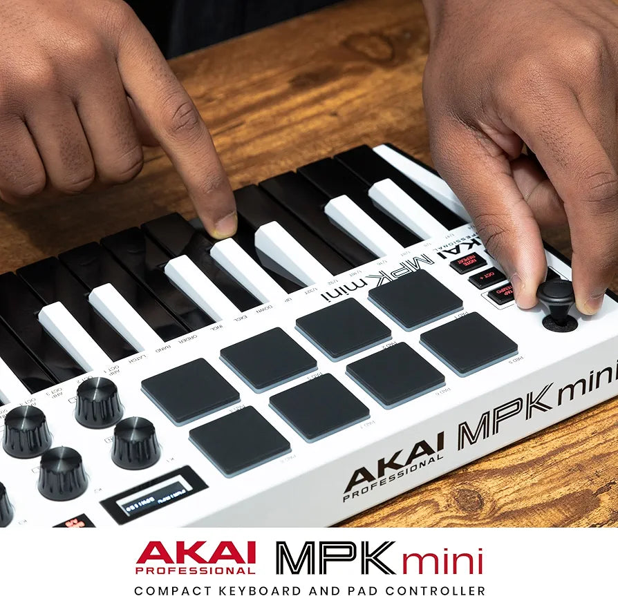 Akai Professional MPK Mini MK3 - 25 Key USB MIDI Keyboard Controller With 8 Backlit Drum Pads, 8 Knobs, Music Production Software and Native Instruments Sound Package , White