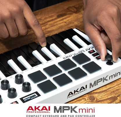 Akai Professional MPK Mini MK3 - 25 Key USB MIDI Keyboard Controller With 8 Backlit Drum Pads, 8 Knobs, Music Production Software and Native Instruments Sound Package , White