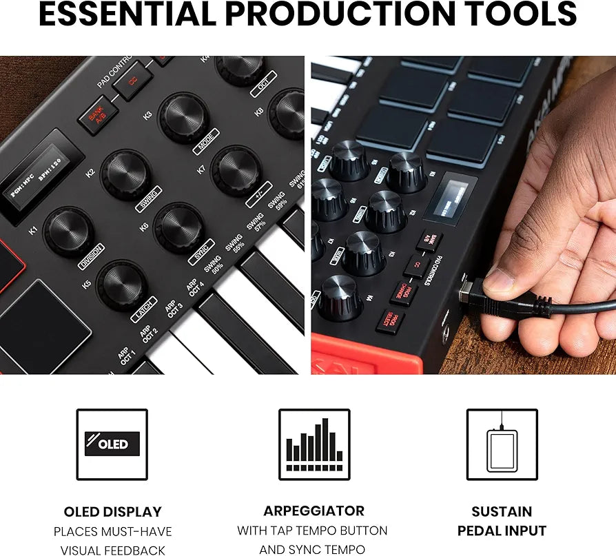 Akai Professional MPK Mini MK3 - 25 Key USB MIDI Keyboard Controller With 8 Backlit Drum Pads, 8 Knobs, Music Production Software and Native Instruments Sound Package 