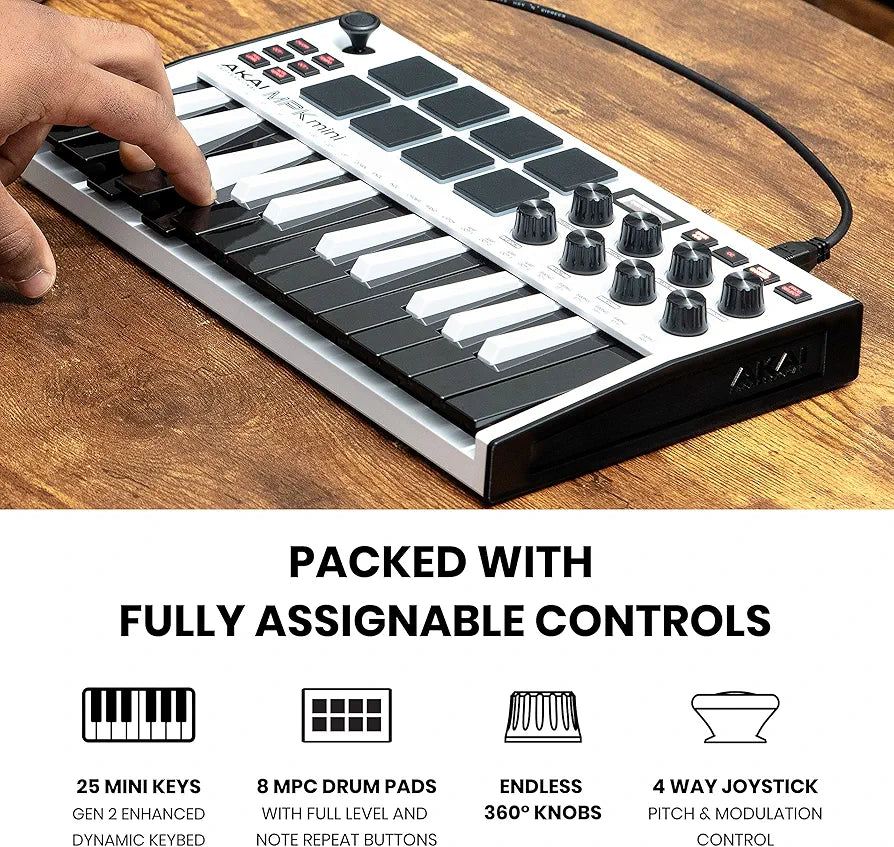 Akai Professional MPK Mini MK3 - 25 Key USB MIDI Keyboard Controller With 8 Backlit Drum Pads, 8 Knobs, Music Production Software and Native Instruments Sound Package , White