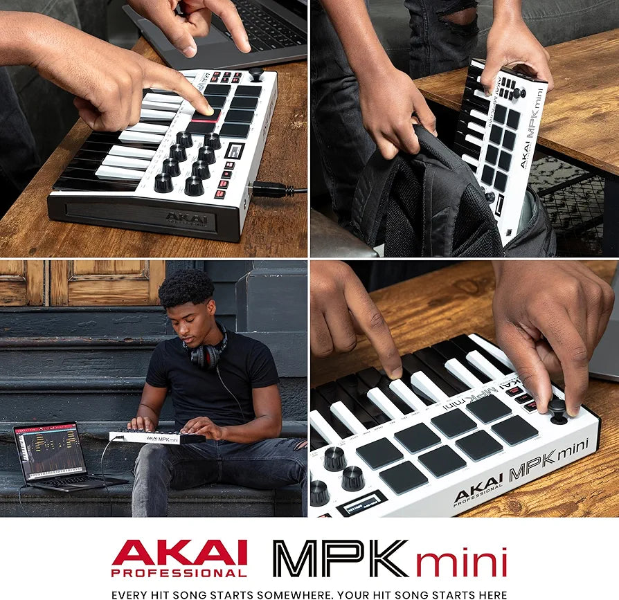 Akai Professional MPK Mini MK3 - 25 Key USB MIDI Keyboard Controller With 8 Backlit Drum Pads, 8 Knobs, Music Production Software and Native Instruments Sound Package , White