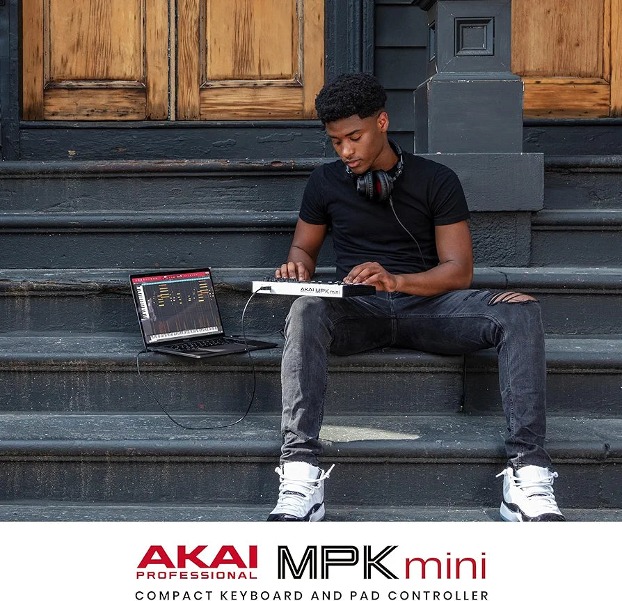 Akai Professional MPK Mini MK3 - 25 Key USB MIDI Keyboard Controller With 8 Backlit Drum Pads, 8 Knobs, Music Production Software and Native Instruments Sound Package , White