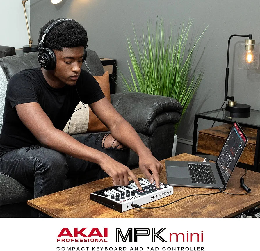 Akai Professional MPK Mini MK3 - 25 Key USB MIDI Keyboard Controller With 8 Backlit Drum Pads, 8 Knobs, Music Production Software and Native Instruments Sound Package , White