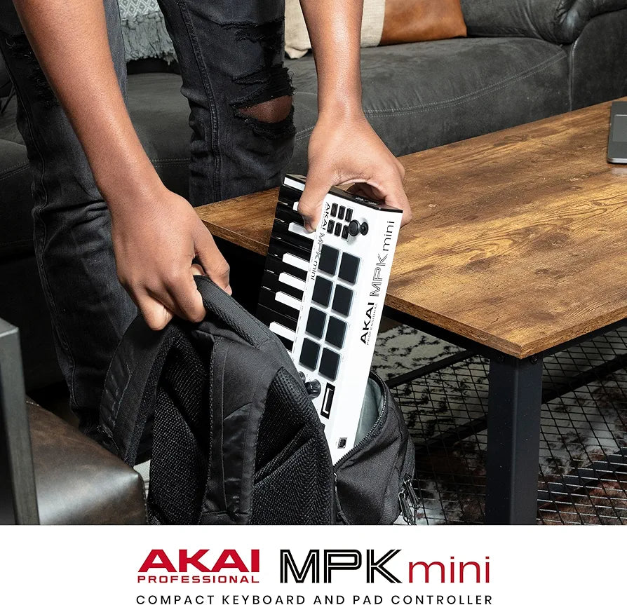Akai Professional MPK Mini MK3 - 25 Key USB MIDI Keyboard Controller With 8 Backlit Drum Pads, 8 Knobs, Music Production Software and Native Instruments Sound Package , White