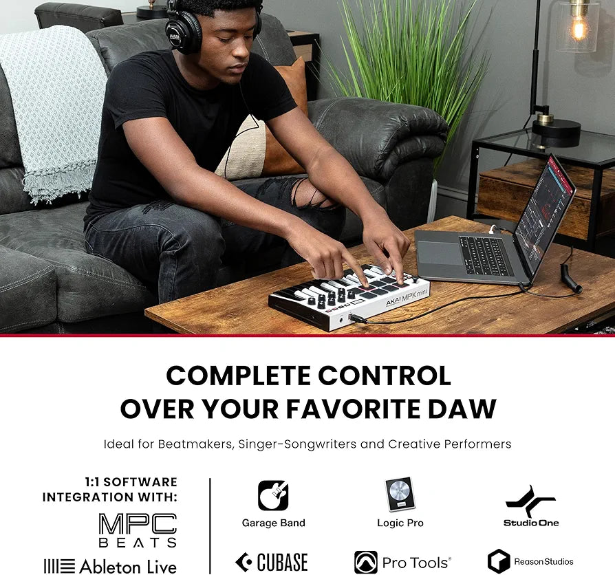 Akai Professional MPK Mini MK3 - 25 Key USB MIDI Keyboard Controller With 8 Backlit Drum Pads, 8 Knobs, Music Production Software and Native Instruments Sound Package , White
