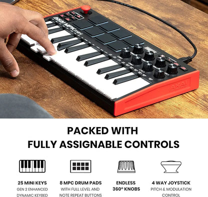 Akai Professional MPK Mini MK3 - 25 Key USB MIDI Keyboard Controller With 8 Backlit Drum Pads, 8 Knobs, Music Production Software and Native Instruments Sound Package 