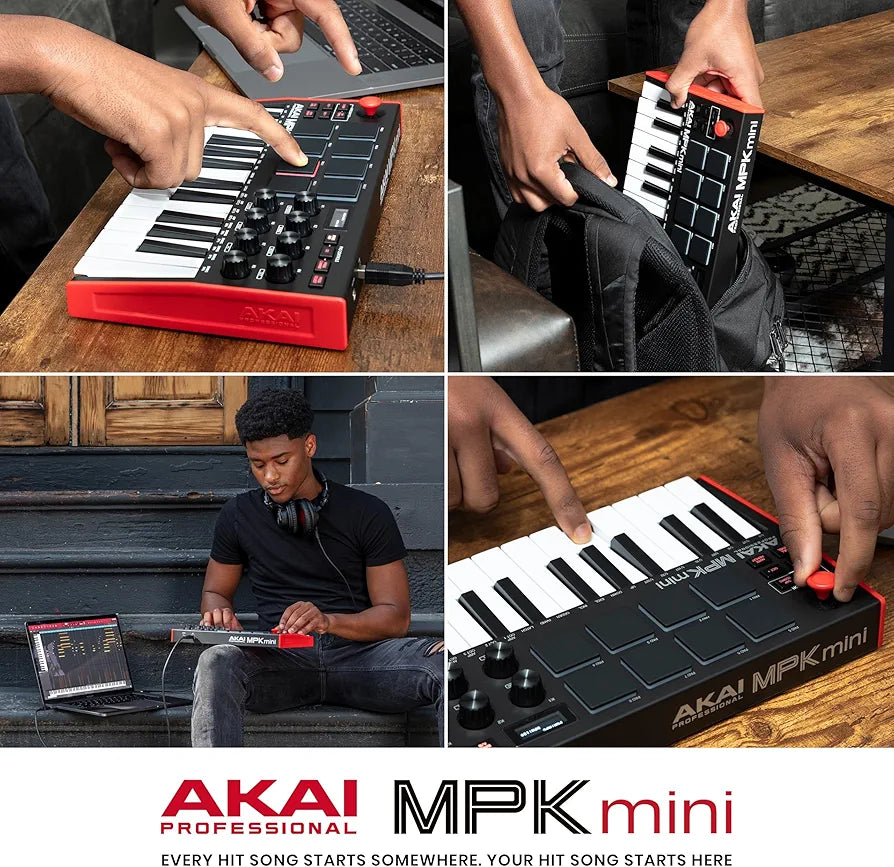 Akai Professional MPK Mini MK3 - 25 Key USB MIDI Keyboard Controller With 8 Backlit Drum Pads, 8 Knobs, Music Production Software and Native Instruments Sound Package 