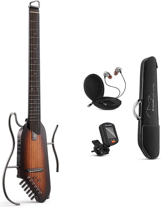 Donner HUSH-I Guitar For Travel - Portable Ultra-Light and Quiet Performance Headless Acoustic-Electric Guitar, Mahogany Body with Removable Frames, Gig Bag, and Accessories Sunbrust