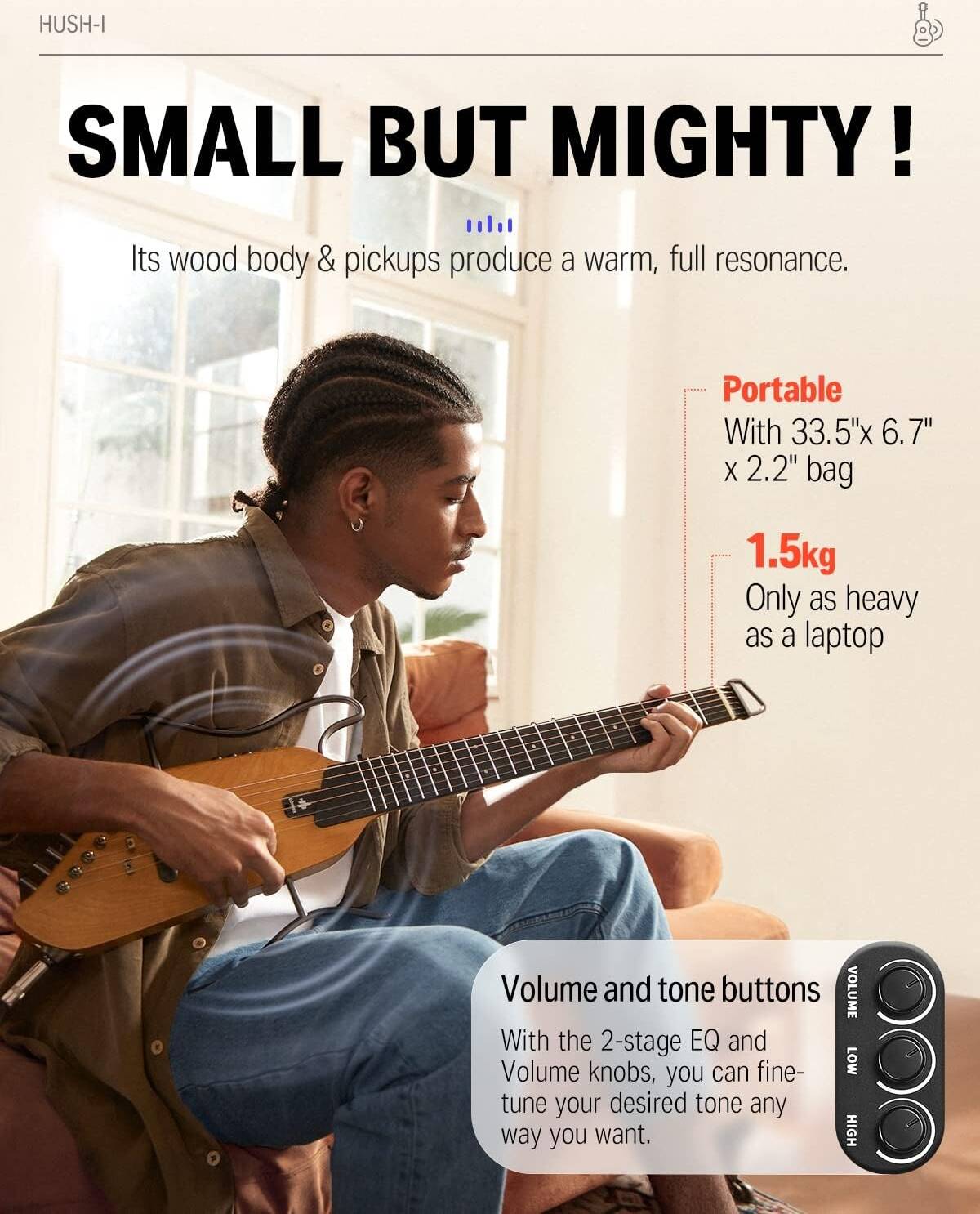 Donner HUSH-I Guitar For Travel - Portable Ultra-Light and Quiet Performance Headless Acoustic-Electric Guitar, Maple Body with Removable Frames, Gig Bag, and Accessories, Natural