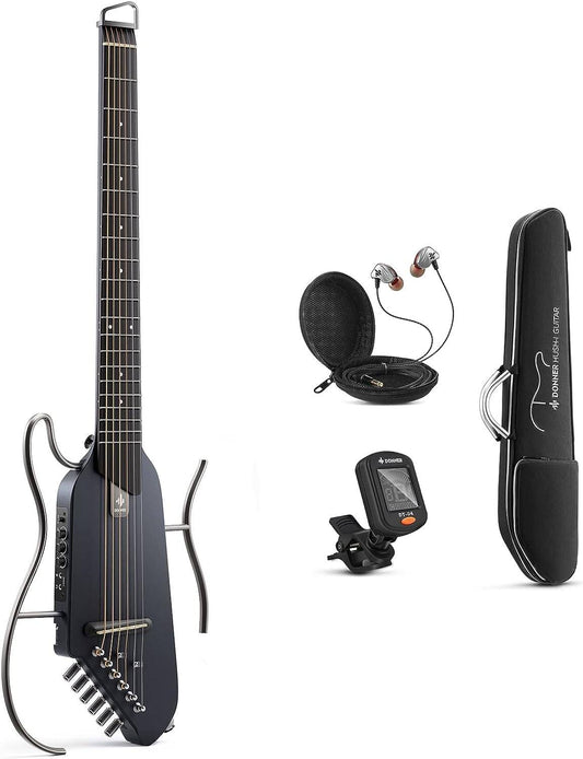 Donner HUSH-I Guitar For Travel - Portable Ultra-Light and Quiet Performance Headless Acoustic-Electric Guitar, Maple Body with Removable Frames, Gig Bag, and Accessories, Black